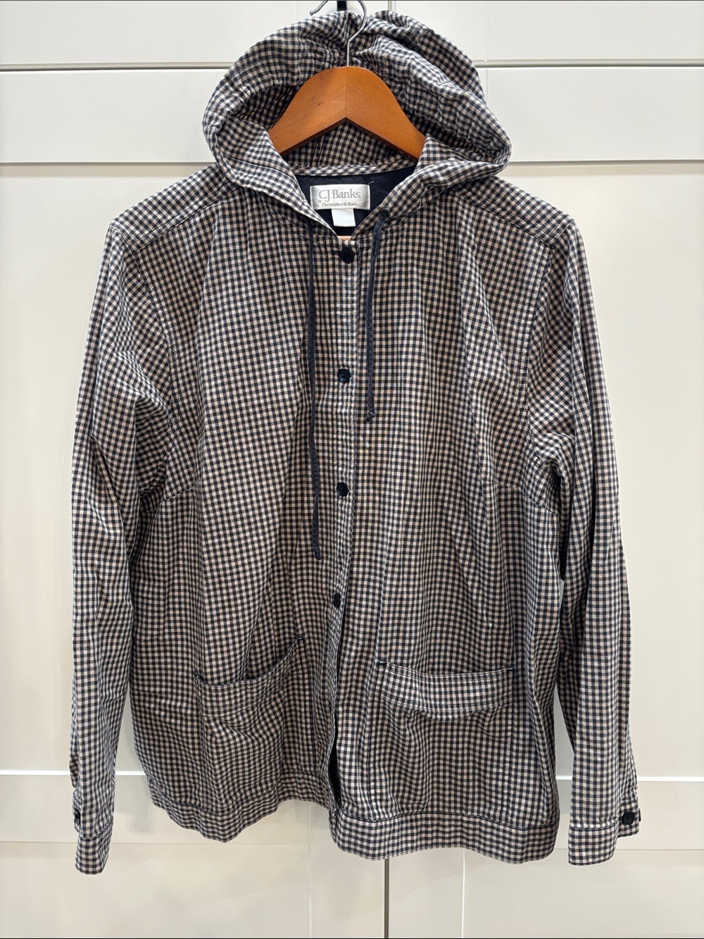 100% Cotton CJ Banks Navy & Cream Gingham Hooded Button-Front Jacket